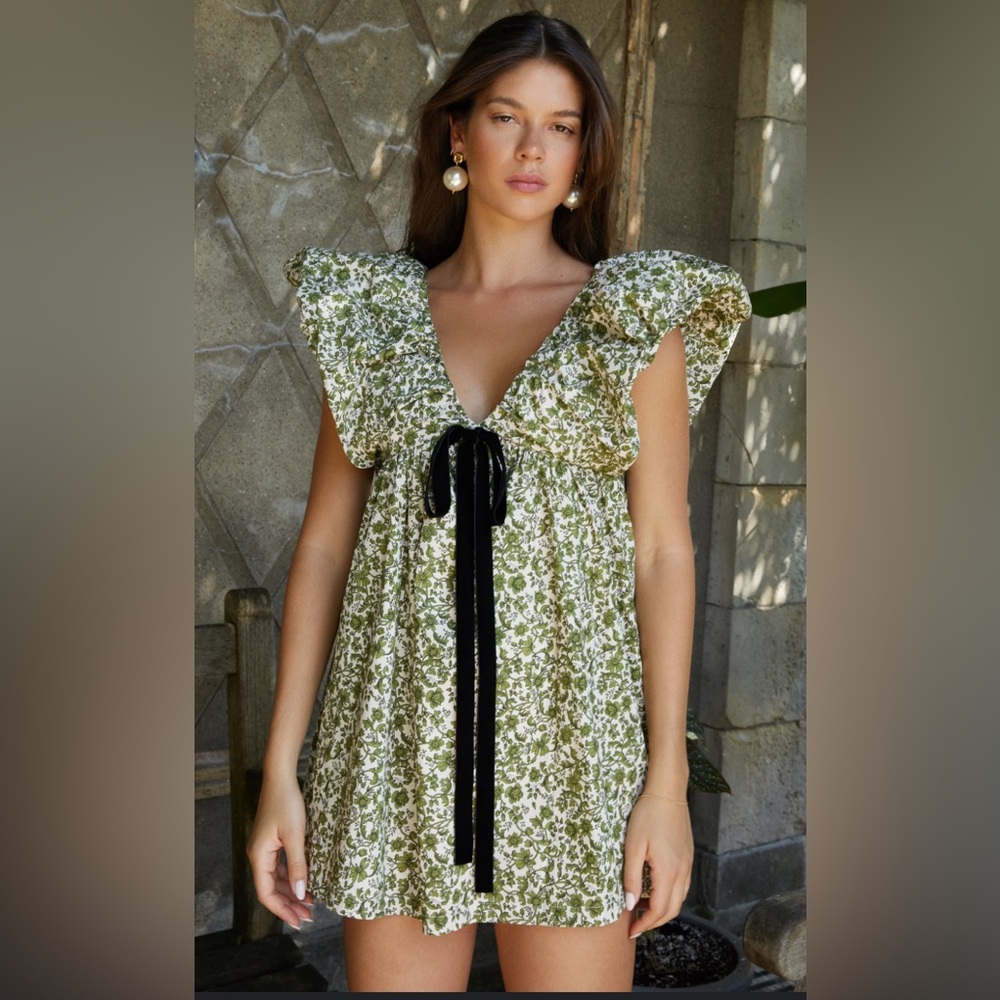 Floral Green Mini Dress with Black Accents